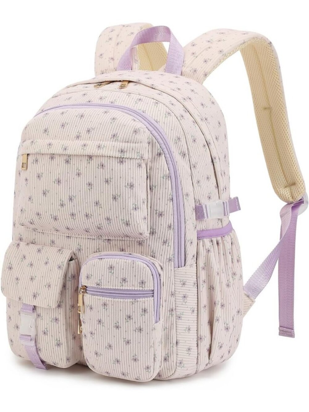 Floral Print Corduroy School Backpack for Teens, Lightweight Travel Daypack